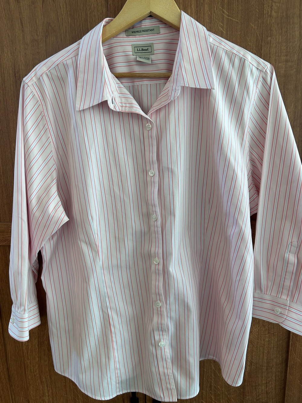 L.L.Bean Wrinkle Resistant Pink & White Striped Button-Up